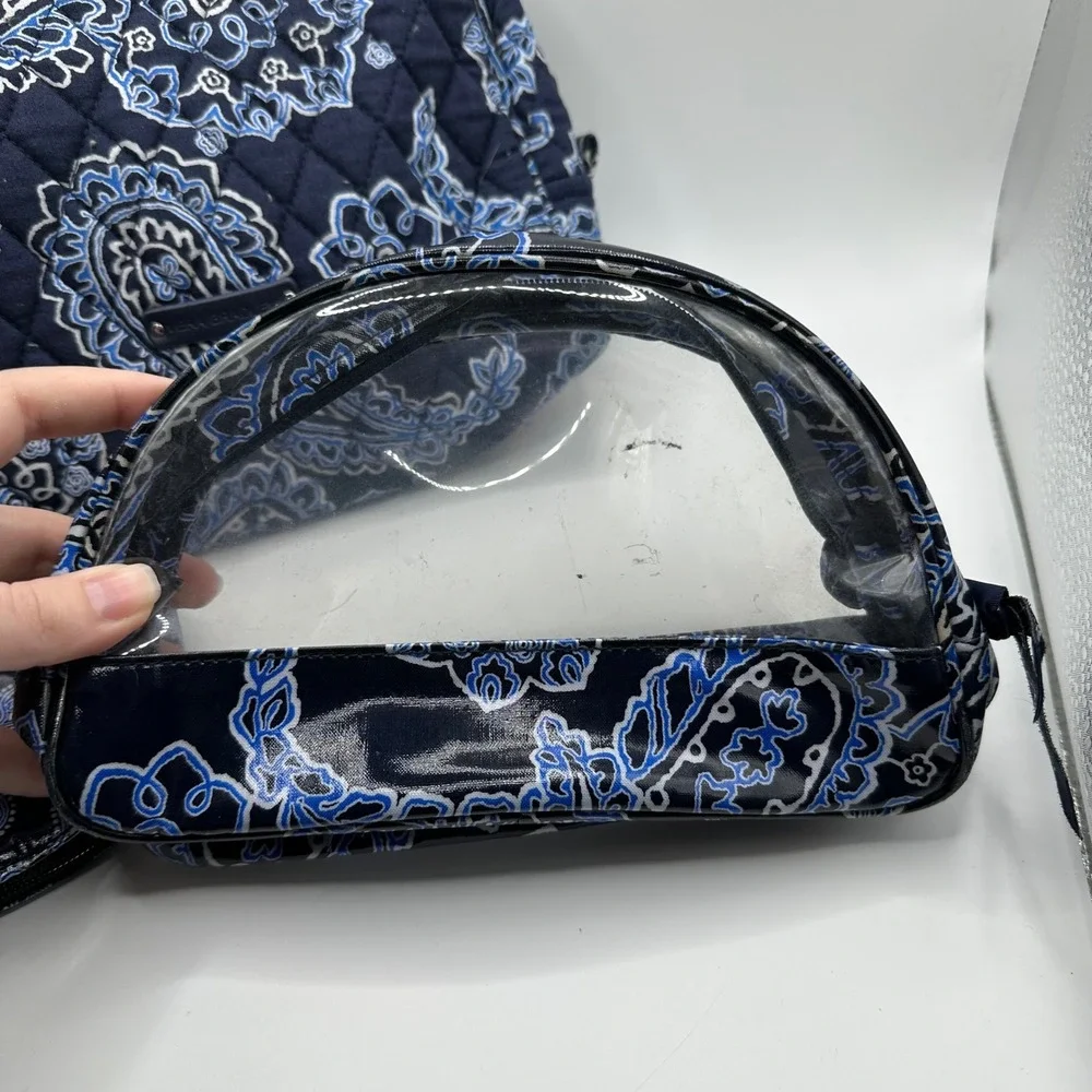 Vera‎ Bradley 3 Piece Cosmetic Bag Set Navy Blue Paisley Quilted Clear Travel